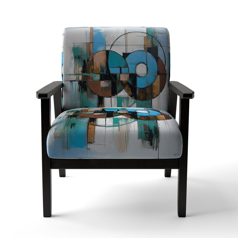 Mid-Century Accent Chair, Colorful Abstract Upholstered Armchair - Colorful Mid Century Abstract Fusion I, Black Square Arms