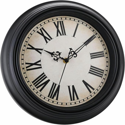 Plumeet Extra Large Retro Wall Clock, 16'' Non Ticking Classic Silent Vintage Wall Clocks Decorative Kitchen Living Room Bedroom, Roman Numerals, Battery Operated, Black