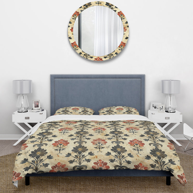 Ensemble de housse de couette beige rustique à motif floral rustique III, Housse de couette simple + 2 taies décoratives st
