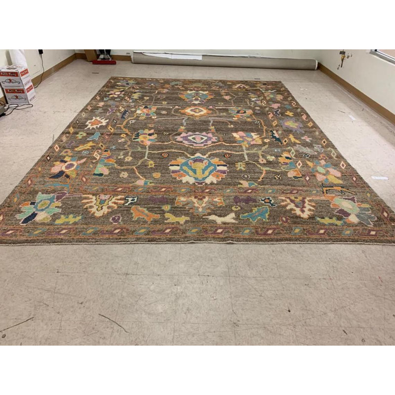 Tapis Oushak turc rétro fait à la main de conception unique 9 pi 11 po x 13 pi 6 po Anatolian