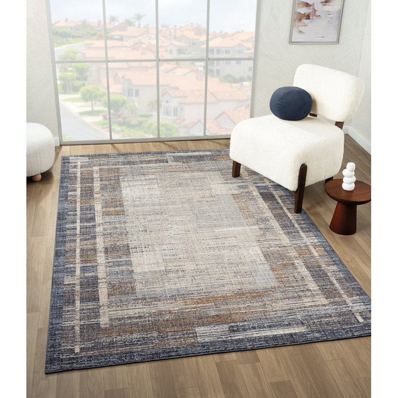 Veronica Lines – Modern Blue Border Rug with Textured Contemporary Design, Rectangle 7'10" x 10'6"