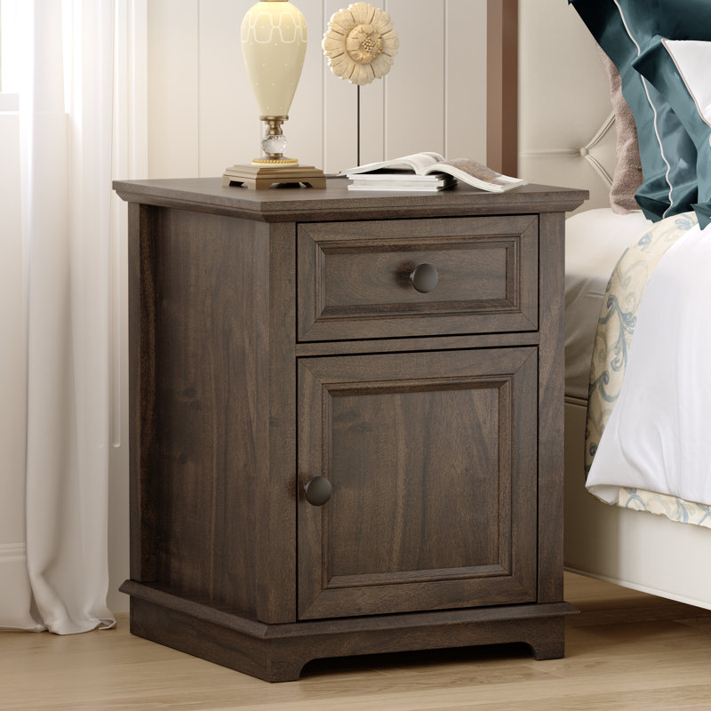 Azella 1-Drawer Frame End Table Set with Storage and Built-In Outlets, Rustic Brown