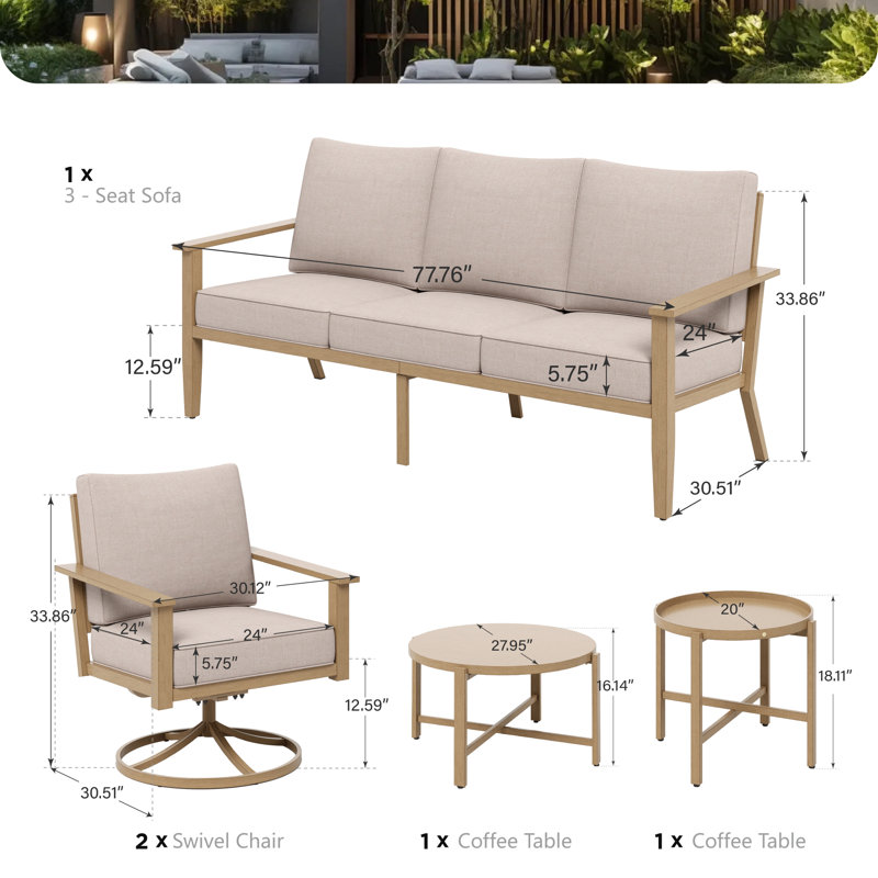 Ensemble de conversation pour 5 personnes avec chaises longues pivotantes