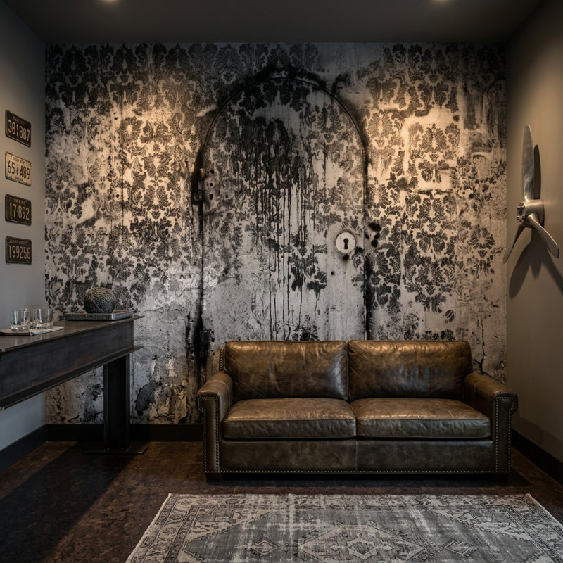 Mur de porte patiné délavé patiné, 100"x96", Peler et coller