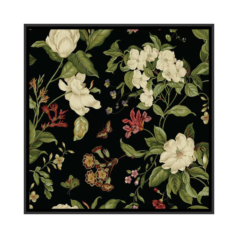 « jardin floral on black ii », impression sur toile, H 37 po x l 37 po x P 1,5 po, Toile avec cadre noir, Pas de tapis