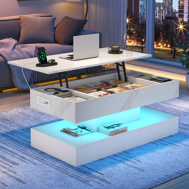 39.4"W Lift Top Coffee Table with APP RGB LED Lights, USB & AC Charging Station, Height Adjustable High Gloss Storage Table