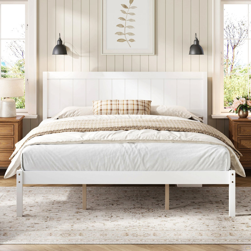 Base de lit plateforme avec tête de lit, support à lattes de bois, aucun sommier nécessaire, très grand lit, Blanc