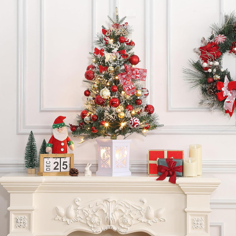 Petit arbre de Noël artificiel illuminé avec 78 lumières DEL, arbre de Noël enneigé avec base brune, fonction minuterie, à piles, pour la décoration intérieure