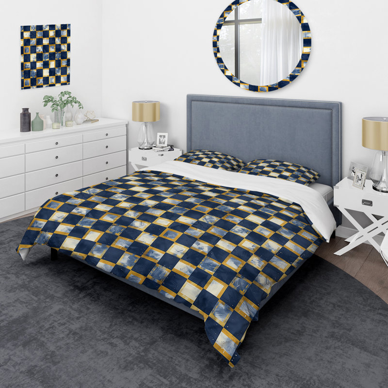 Ensemble de housse de couette moderne à imprimé vichy bleu et jaune IV, Housse de couette simple et deux taies décorative