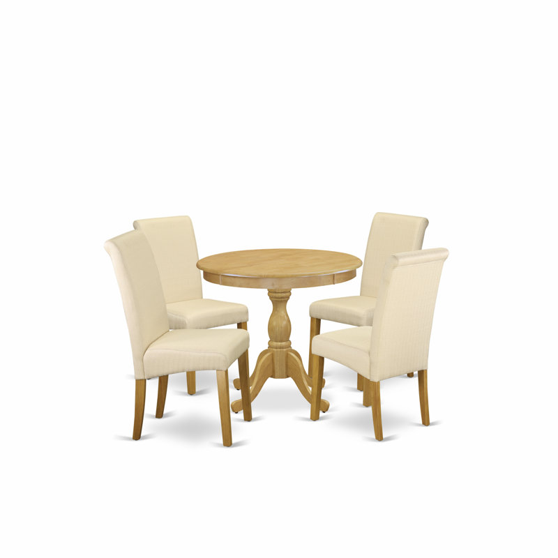 L'ensemble de table de salle à manger 5 pièces pour 4 personnes comprend une table de cuisine ronde avec Dropleaf et 4 chaises de salle à manger Parson en lin beige clair, chêne