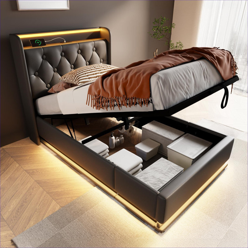 Cadre de lit rembourrÃ© avec rangement pour chambre Ã  coucher, modÃ¨le double en PU noir Ã©lÃ©gant avec Ã©clairage DEL Ã  360 degrÃ©s et port de recharge USB-C (matelas non inclus)