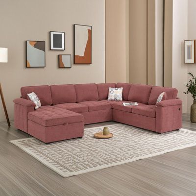 Chenille 5-Seat U-Shaped Sectional Sofa with Storage Chaise,  USB Ports, Tufted Cushions and Pillow Arms