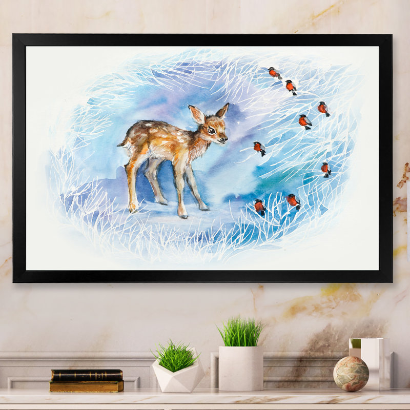 «Fawn and bullfinches in Winter Composition», reproduction sur toile, H 8 po x l 12 po x P 1 po, Cadre photo noir
