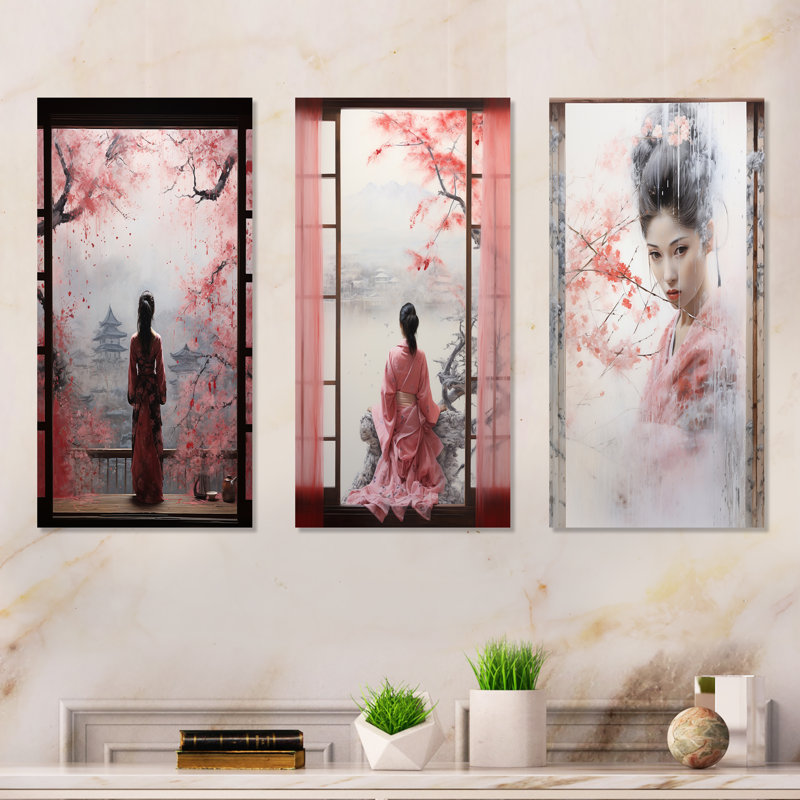 Ensemble de 3 décorations murales japonaises en métal rose Japon, H 32 po x l 48 po