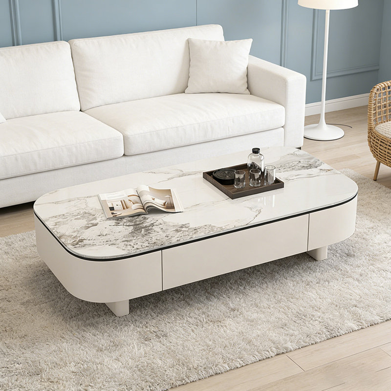 Table basse avec tiroir Luxury Rock, Blanc, Blanc / Gris, 15.74" H x 47.24" L x 23.62" W