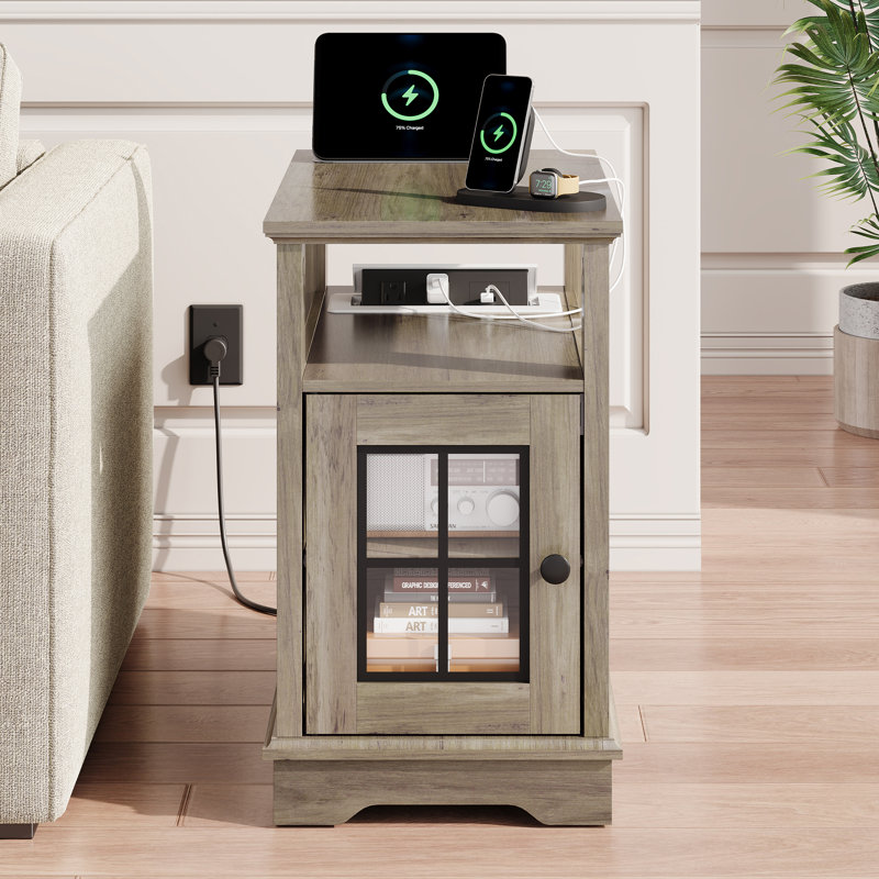 Analiesa End Table with Charging Station and Storage, Side Table with USB Ports and Outlets, Small Sofa Side Table with Cabinet and Adjustable Shelf for Living Room, Bedroom