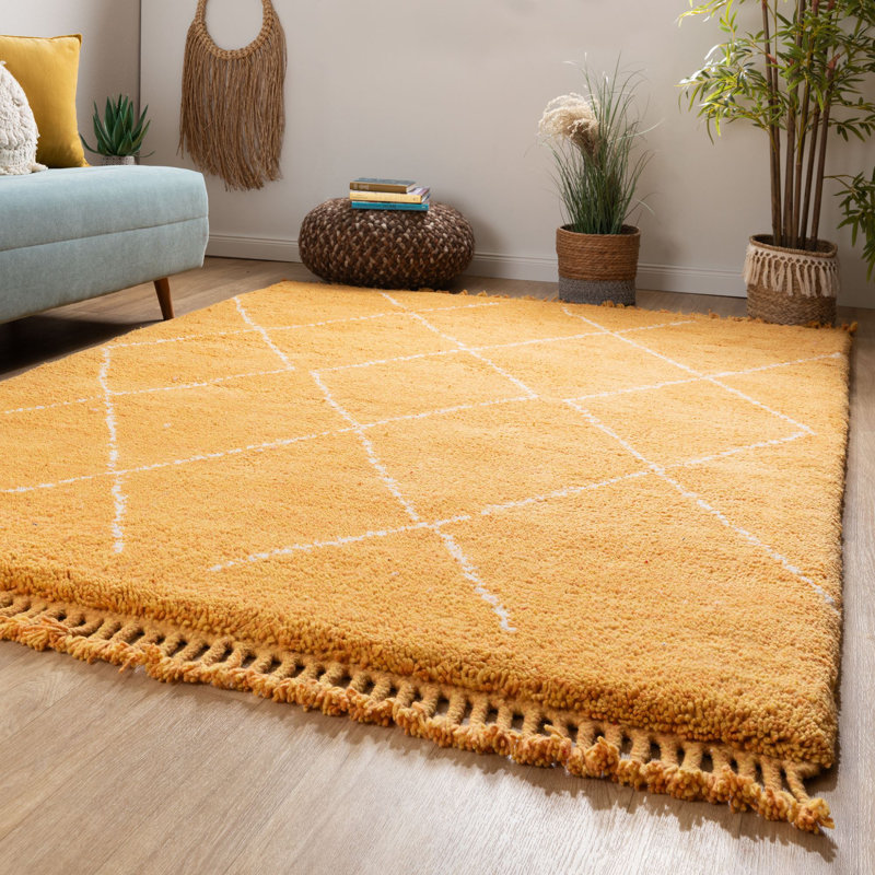 Myrvete Moroccan Wool Hand Knotted Area Rug, Yellow, Rectangle 140 x 200cm