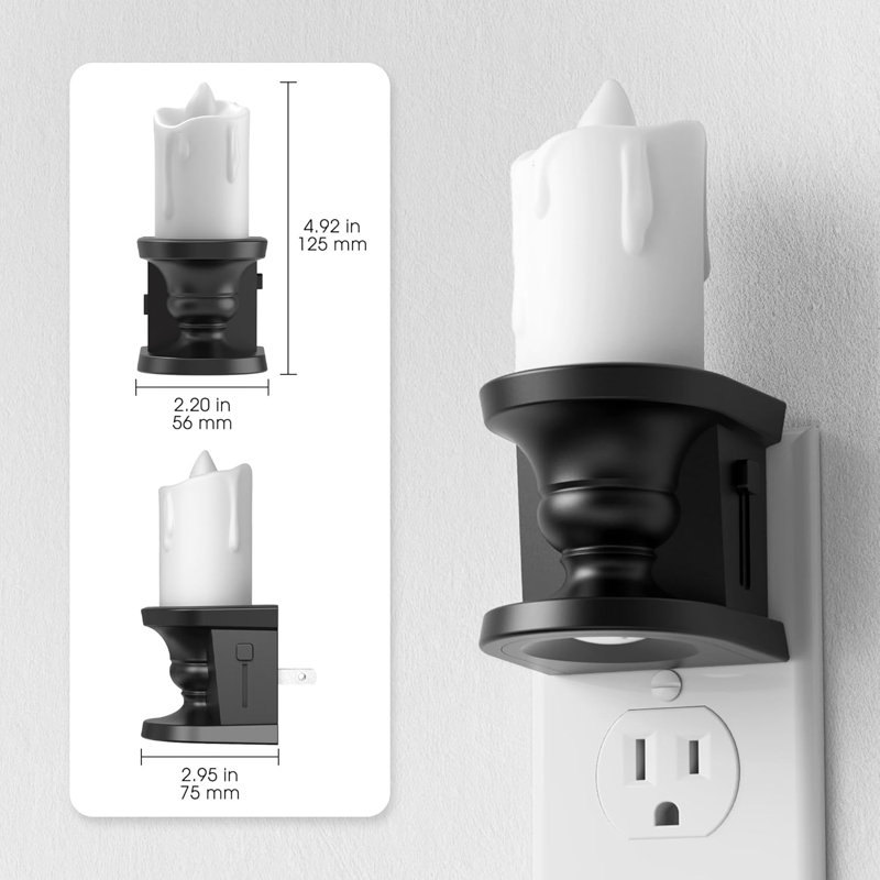 Veilleuse noire à bougie mince avec bougie, scintillement de bougie, ambre 1600K, gradateur multi-mode