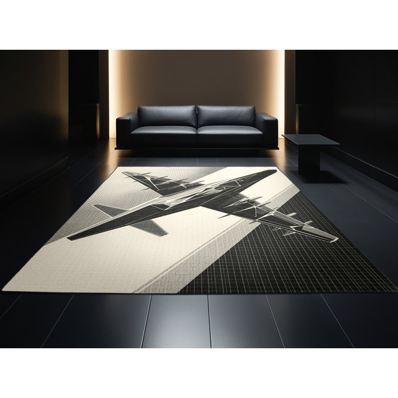 Machine Washable Vehicles And Transportation Paratrooper Aircraft Modern Geometric Rug in Beige – Black Binding, 2x5