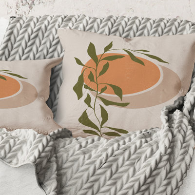 Carré, abstrait soleil orange et lune avec feuille tropicale - coussin décoratif moderne