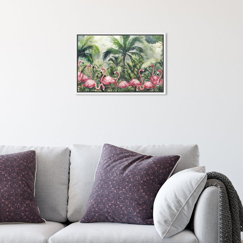 Souvenirs de poupées - Tropiques flamants - peinture, H 10 po x l 15 po, Toile avec cadre blanc