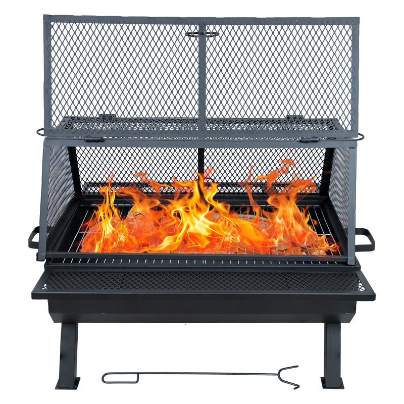 Black Steel Outdoor Fire Pit with Grill and Spark Screen