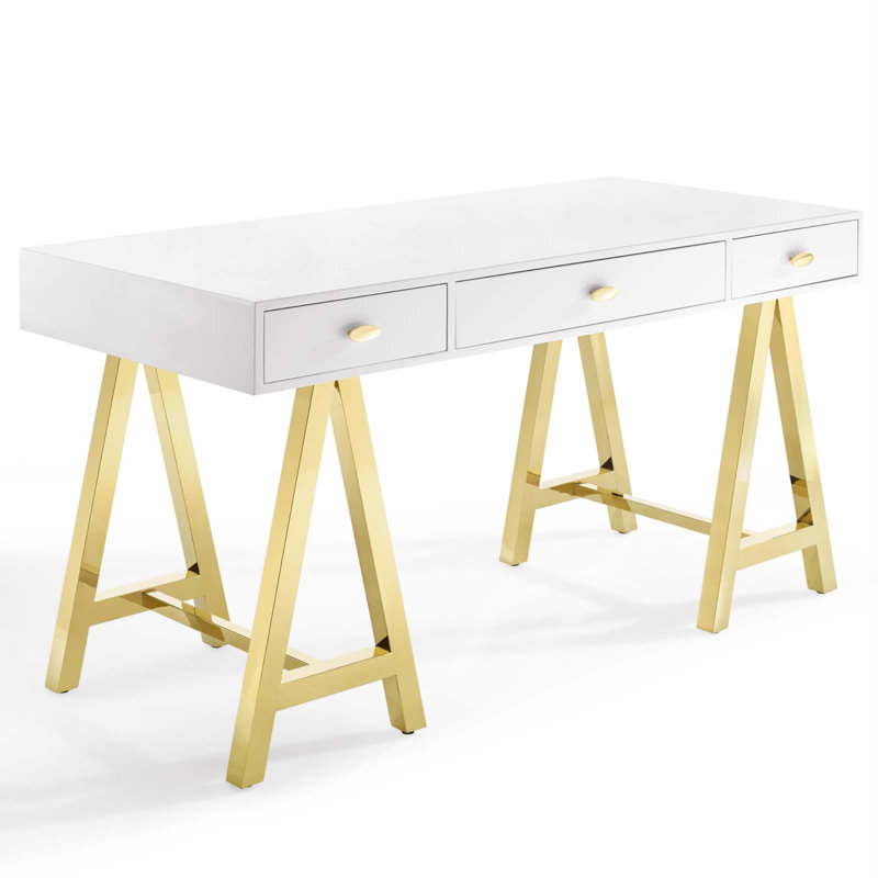 Sleek Gold & White Retro Modern Office Desk with Drawers