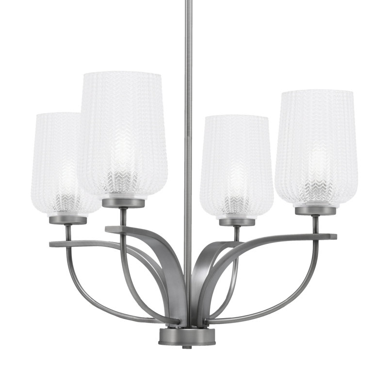 Lustre 4 lumières verticales Unia présenté en finition New Age avec verre texturé transparent de 5 po, Graphite