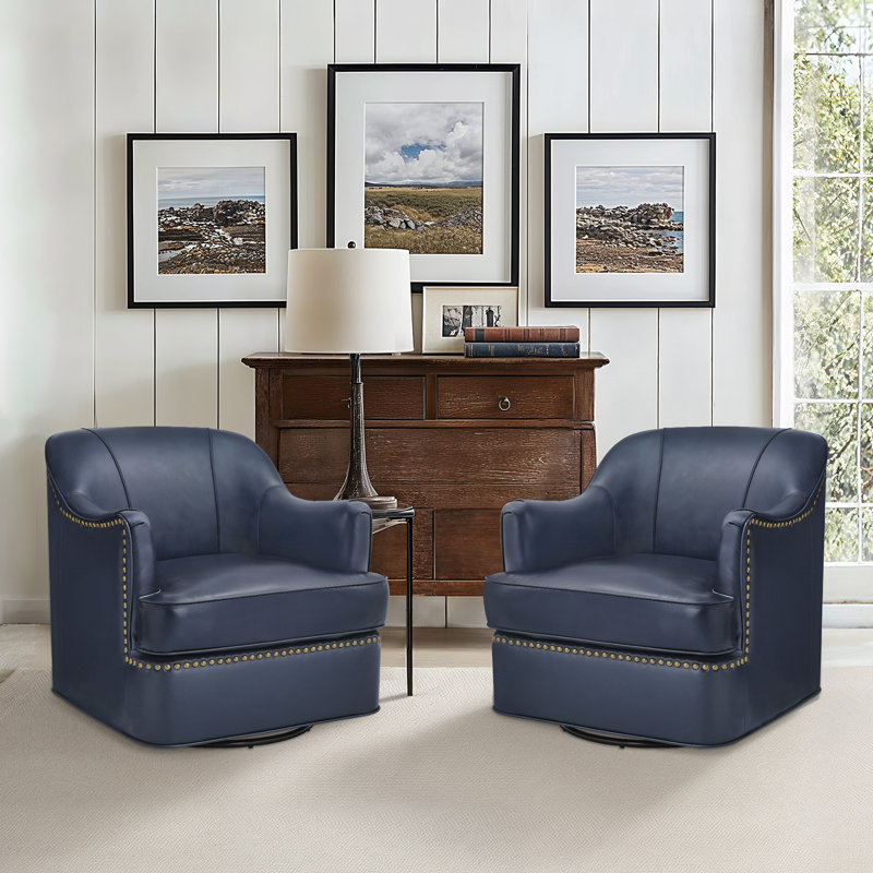 Genuine Leather Swivel Barrel Chairs, Navy