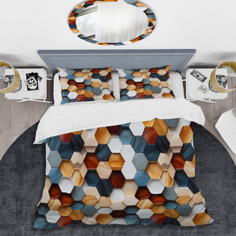 Ensemble de housse de couette géométrique orange et gris Hexagons Angularity II - Microfibre de polyester