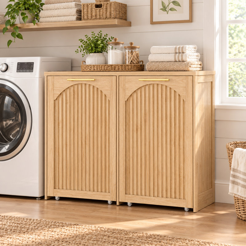 Double 2x13 Gallon Pull-Out Trash Can Cabinet, Natural Oak