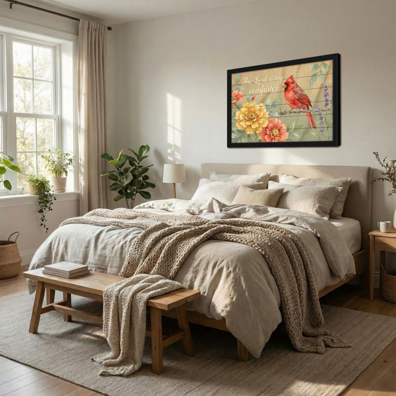 Texte et chiffres Cardinal oiseau sur fond de bois floral, H 24 po x l 36 po
