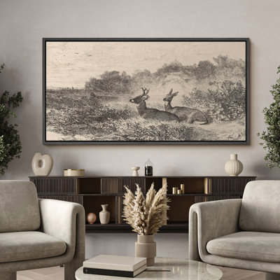 Vintage Style Deer in Field Sketch Modern Art