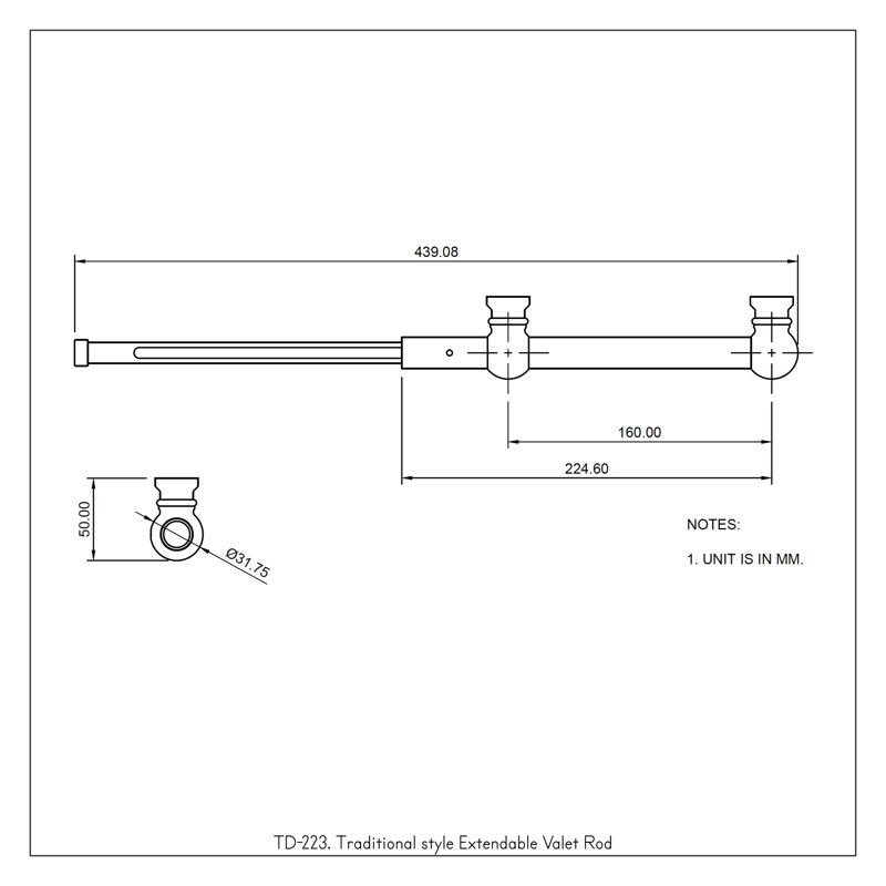 Traditional style Extendable Valet Rod, Unlacquered Brass