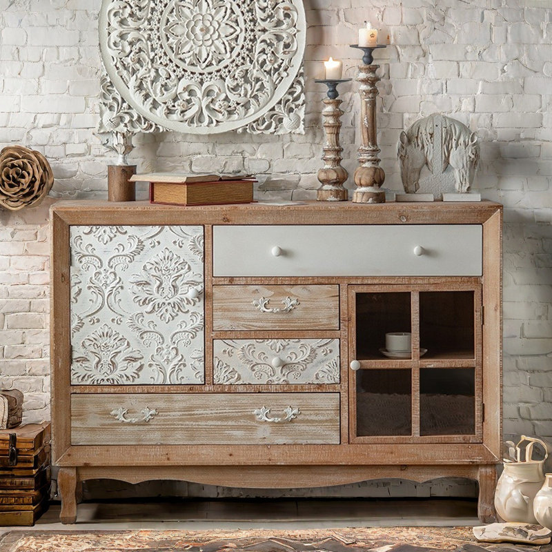 Rustic Retro Solid Wood Carved Accent Cabinet