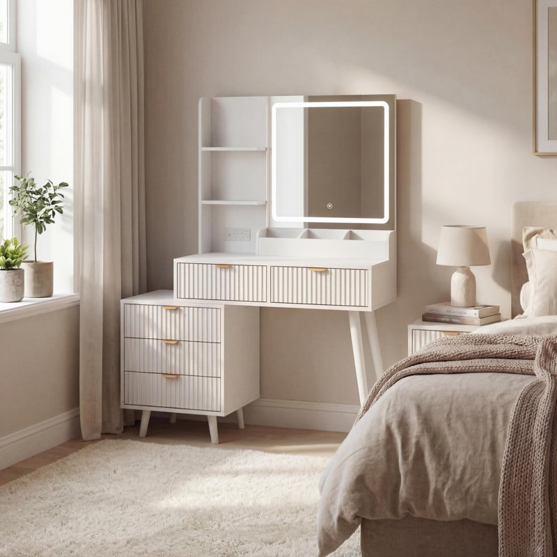 Bureau de coiffeuse avec miroir lumineux et prise de courant, coiffeuse de maquillage avec 5 tiroirs et panneau ondulé, coiffeuse à éclairage 3 couleurs avec tablettes de rangement pour la chambre à coucher
