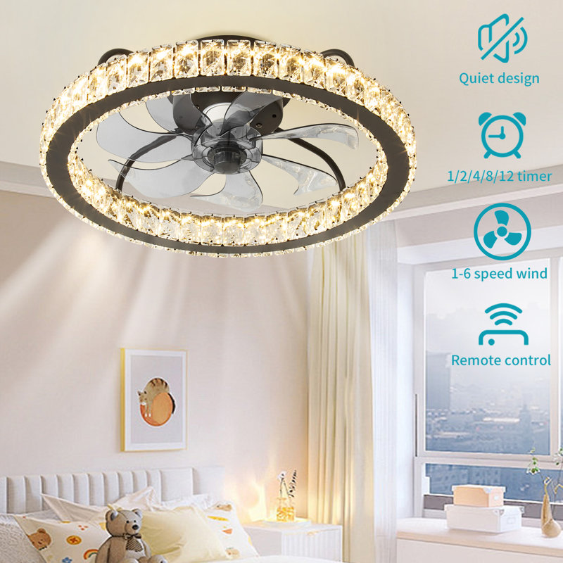 19.68" - Dimmable Led Crystal Ceiling Fan With Led Lights, Matte Black