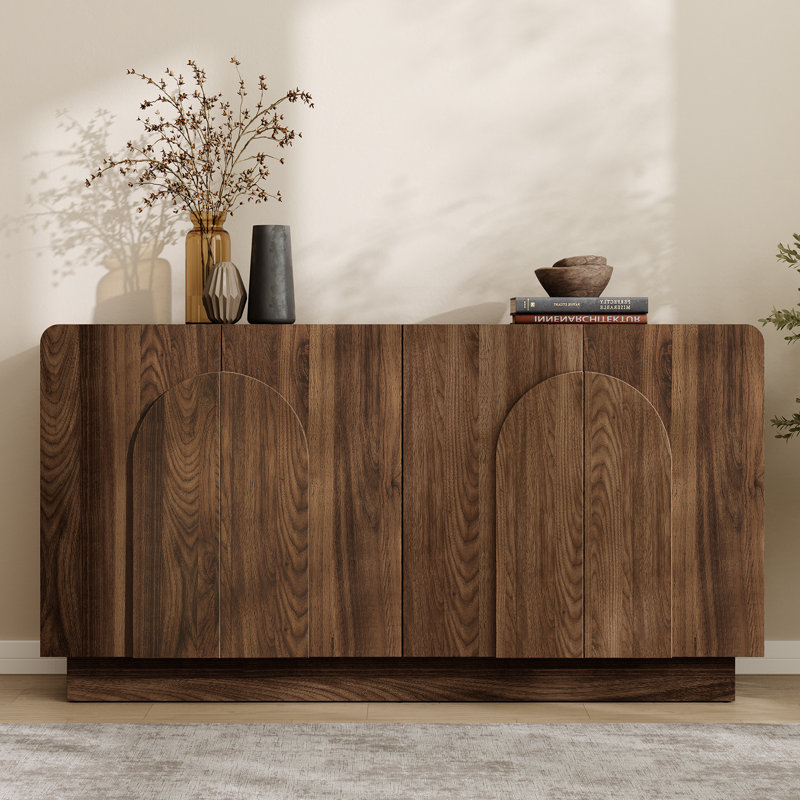60" Curved Sideboard With Adjustable Shelf & 4 Doors, Walnut