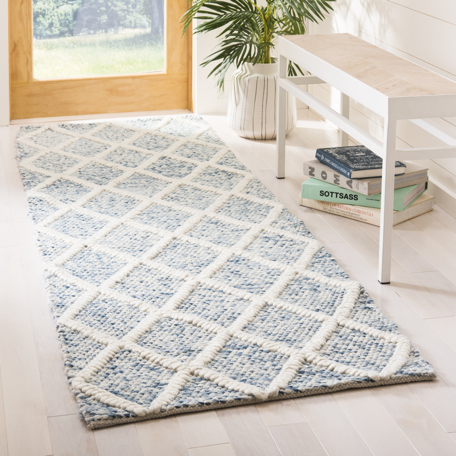 Russo Ivory Blue Hand-Woven Flatweave Rug, Runner 2'3" x 8'
