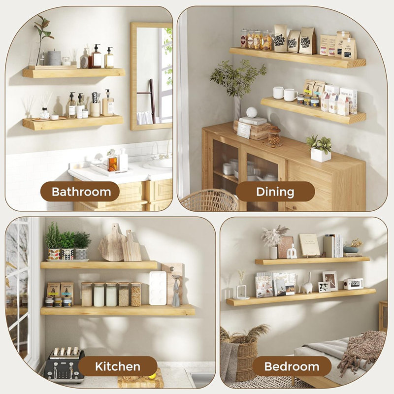 Tablettes flottantes en bois pour le mur Tablette murale en bois massif naturel de 36 po | Tablettes flottantes en bois de 8 po de profondeur avec support invisible pour salle de bain | 2 pièces
