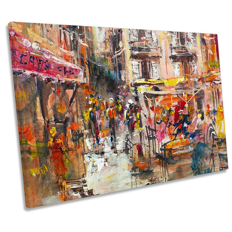 Abstract Street Caf Shops - Wrapped Canvas Painting, 81.3cm H x 121.9cm W x 4cm D