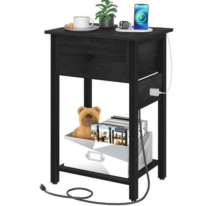 Mouzon Nightstand with Charging Station, Black