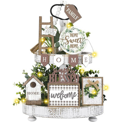 Set of 11 Spring Farmhouse Tiered Tray Decor Rustic Spring Home Tiered Decorations Set Home Wooden Signs Greenery Farmhouse Tabletop Wood Trays for Decorative Trays