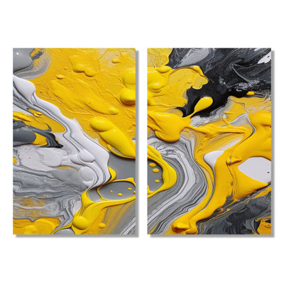 Yellow And Grey Cosmic Vibrations - Abstract Framed Wall Art, Yellow Abstract Canvas Print Set Of 2