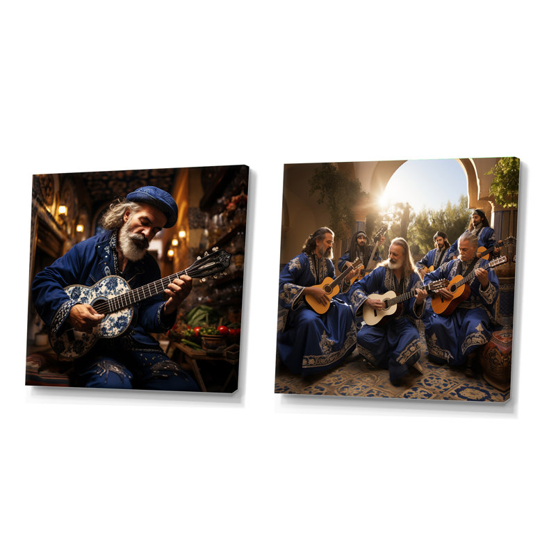 Judaïsme, guitare sépharade, ensemble de 2 collages carrés, H 30 po x l 61 po, Toile tendue