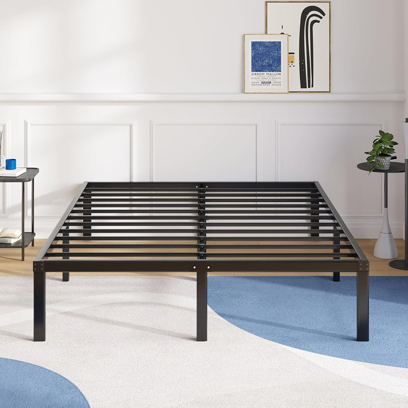 Structure de grand lit - structure de lit plateforme en métal de 14 pouces de hauteur avec espace de rangement sous le lit, support de lattes en acier robuste, aucun sommier requis, assemblage facile