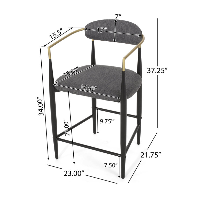 Amen Upholstered Bar Stools, Fabric Charcoal/Black Base, Counter Stool (25." Seat Height)