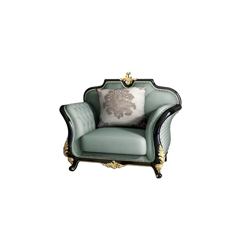 Cowhide European Villa Solid Wood Oak Sofa Leather Armchair, Green Genuine Leather, Black