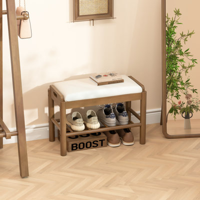 Banc de rangement pour chaussures avec coussin - étagère à chaussures à 2 niveaux pour l'entrée principale, étagère à chaussures en bois, banc d'entrée avec rangement pour chaussures pour placard, couloir, chambre à coucher et salon (noyer, l 23,6 po)