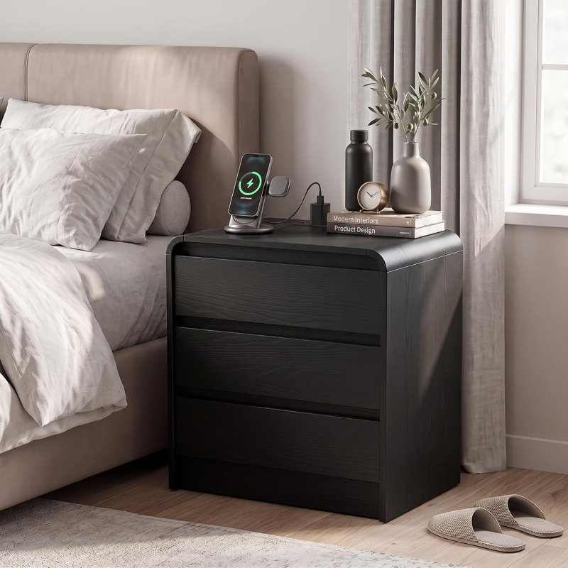 Table de chevet incurvée moderne à 3 tiroirs avec tablette ouverte et gestion des câbles – Table de chevet en bois à bords arrondis pour chambre à coucher, fini noir (lot de trois, article unique noir)